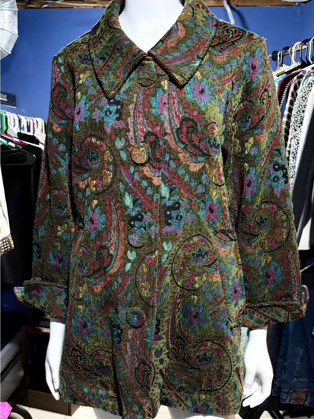 Women’s Vintage Habitat Multicolor Paisley-Print Tapestry Green Pea Coat Size L